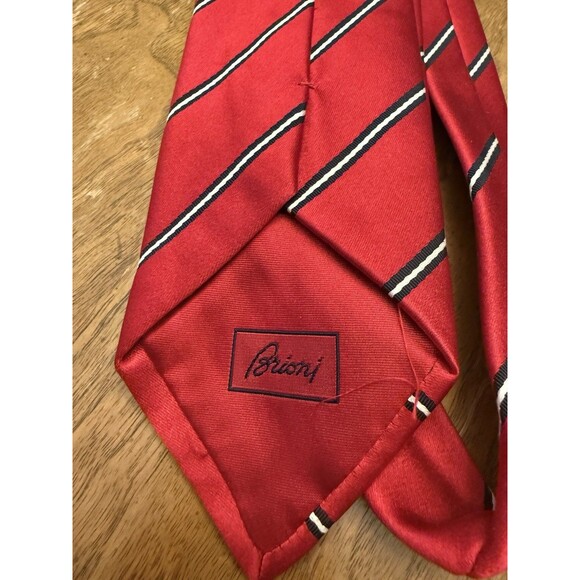 BRIONI Red Black White Diagonal Stripes Silk Handmade Italy Neck Tie CHRISTMAS - Picture 5 of 7